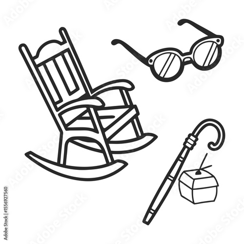Rocking chair glasses cane and box elderly