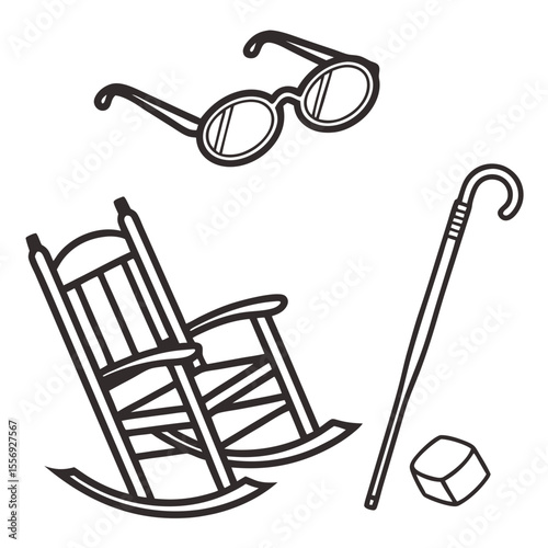 Rocking chair glasses cane and dice vintage