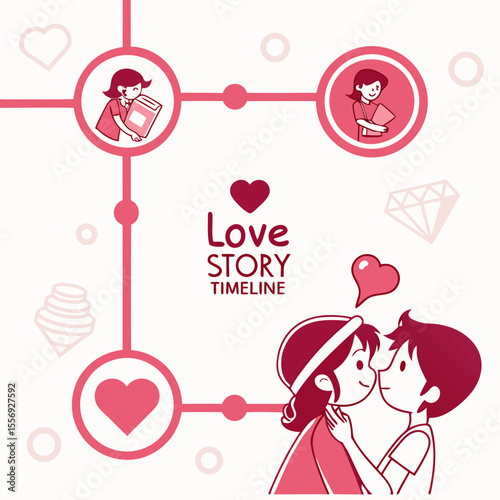 Romantic couple timeline infographic with hearts and diamond love story romance
