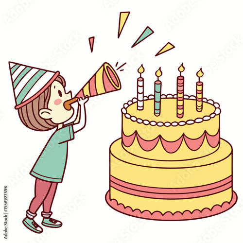 Child with party hat blowing horn at birthday cake vector