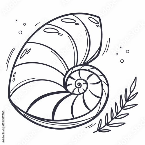 Nautilus shell spiral branch and bubbles leaves
