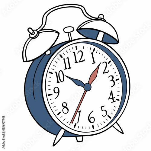 Blue alarm clock with twin bells and red second hand white face red hand
