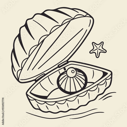 Open clamshell with pearl and starfish opened oyster