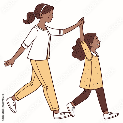 Sisters walking together in matching white shoes matching outfits