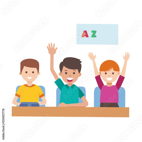 Children raising hands in classroom with alphabet card education learning