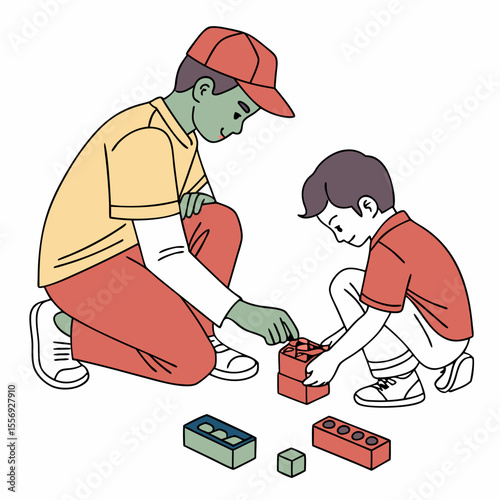 Brothers building with colorful blocks together children playing