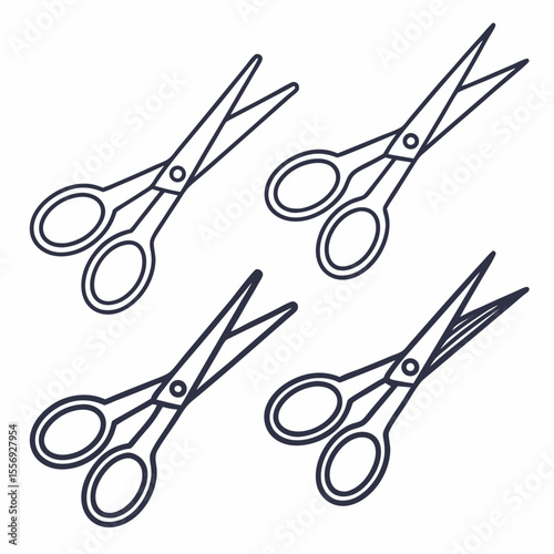 Four dark outline scissors on white cutting tool