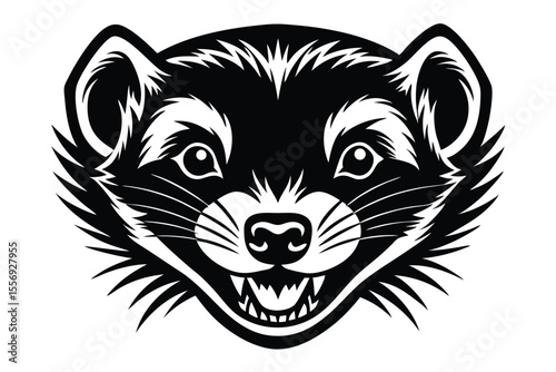 Black and white badger head looks forward, baring its teeth menacingly with detailed features