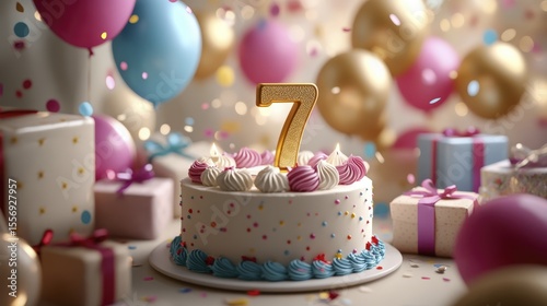Festive seventh birthday celebration with cake, balloons, and wrapped gifts