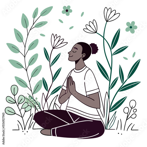 Person meditating surrounded by green plants and flowers yoga leaves