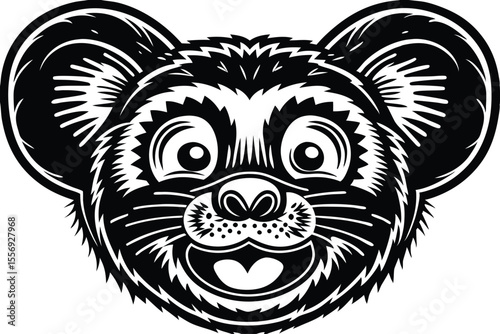 A smiling bear shows its teeth in a black and white animal face