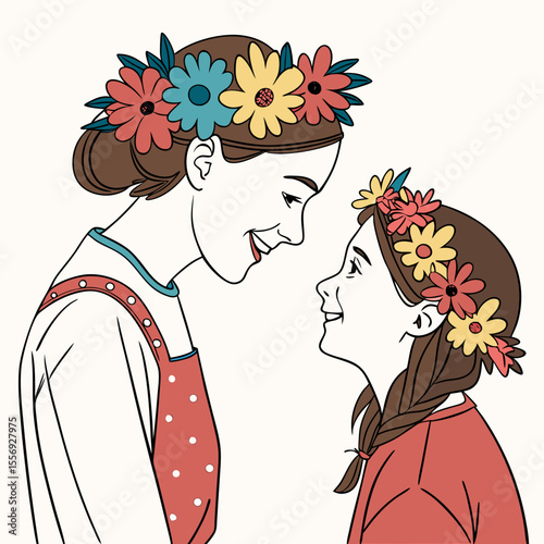 Mother and daughter wearing floral crowns illustration flowers