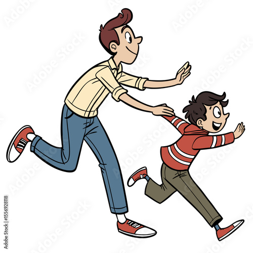 Two boys running in comic style chasing cartoon