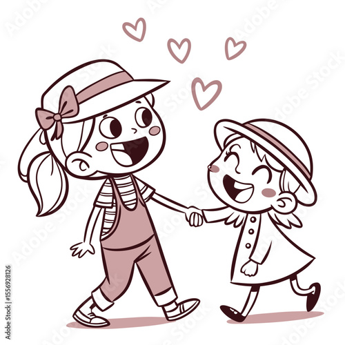 Happy girls holding hands with hearts floating above sisters friendship