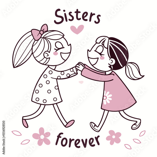Two happy sisters holding hands with flowers and hearts friendship love