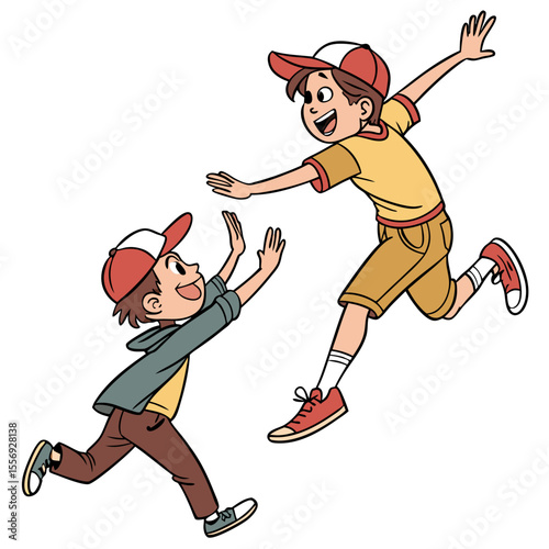 Boys chasing each other in comic style running playing