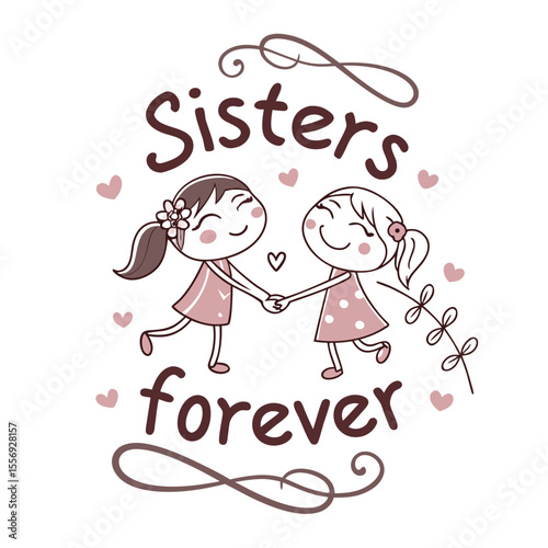 Two happy sisters holding hands with hearts and flowers friendship love