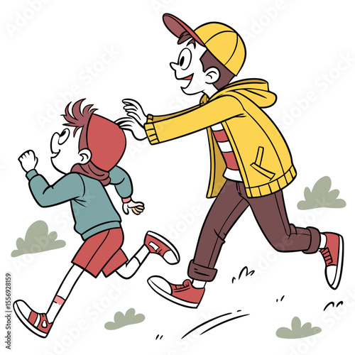 Boys chasing each other in comic style running playful
