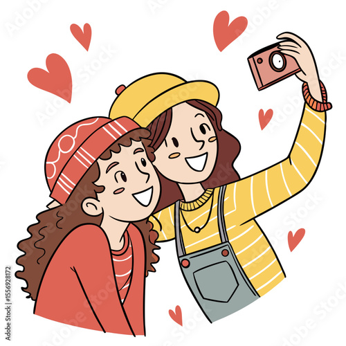 Two smiling girls taking a selfie with hearts illustration camera