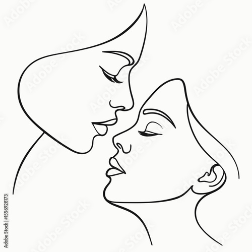 Minimalist continuous line art of two faces kissing romance love