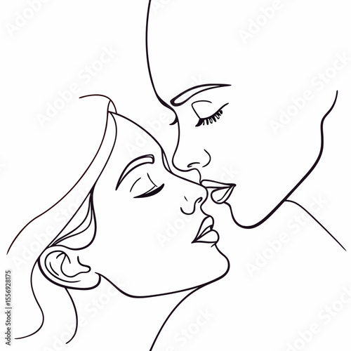 Minimalist continuous line art of a romantic kiss romance love