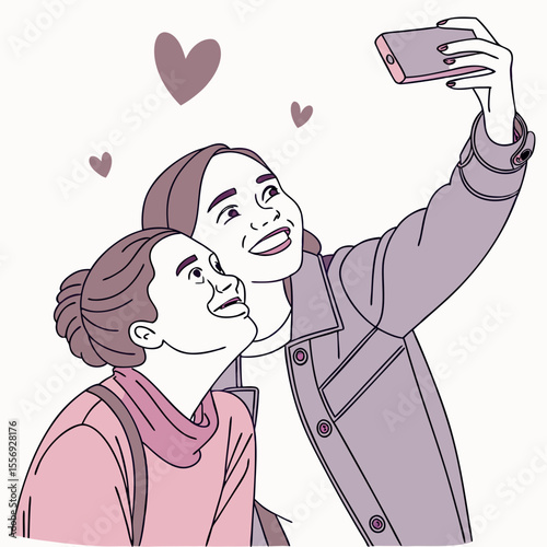 Two sisters taking a selfie with hearts illustration pink