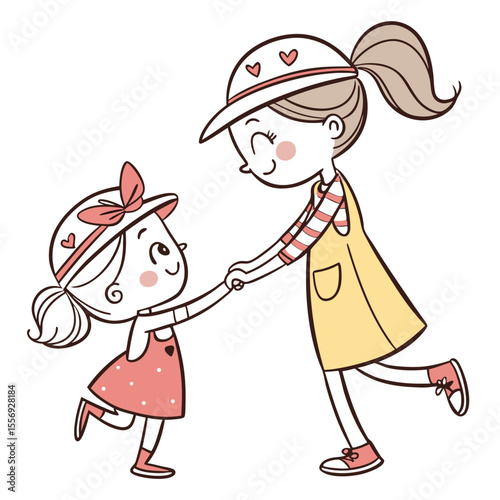 Two happy girls holding hands wearing cute outfits sisters