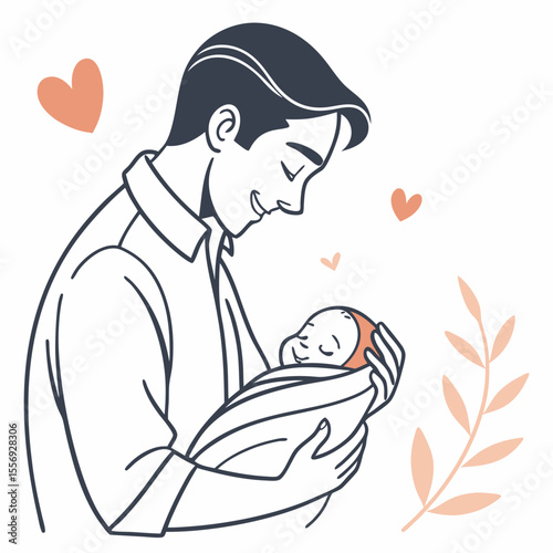 Father holding sleeping baby with hearts and leaves newborn
