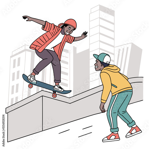 Two young men skateboarding in a city park with buildings in the background urban