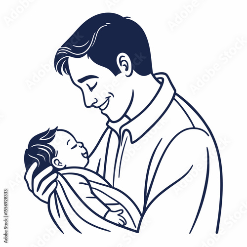 Father holding sleeping baby tenderly with loving smile newborn