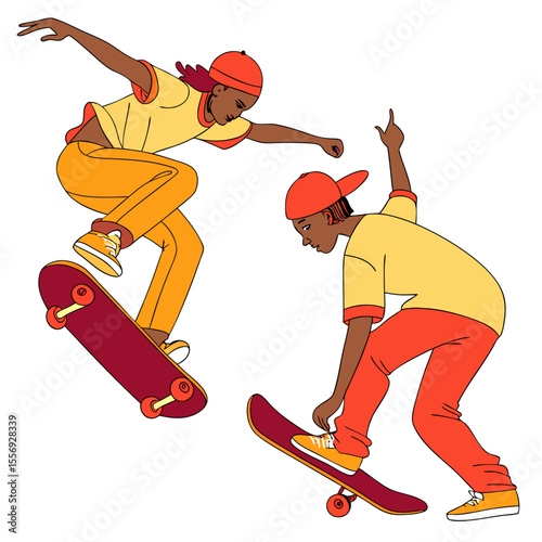 Two boys skateboarding performing tricks in colorful urban attire action