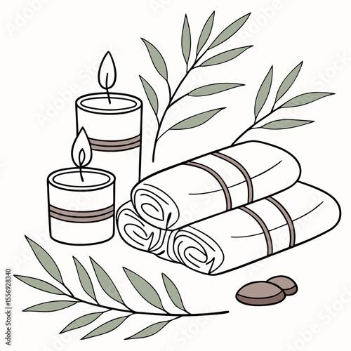 White rolled towels with candles and leaves wellness relaxation
