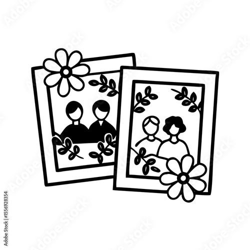 Romantic couple embracing with floral border silhouette embrace