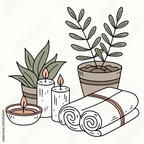 Potted plants lit candles and rolled towels for spa wellness relaxation