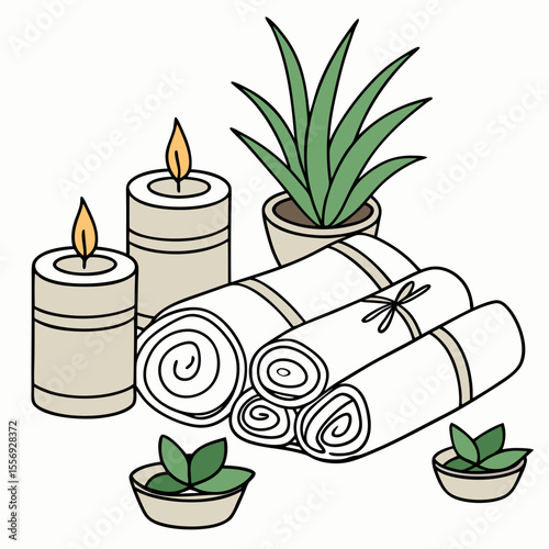 Rolled white towels with candles and potted plants wellness relaxation