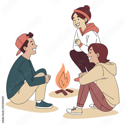 Friends enjoying campfire conversation outdoors laughing