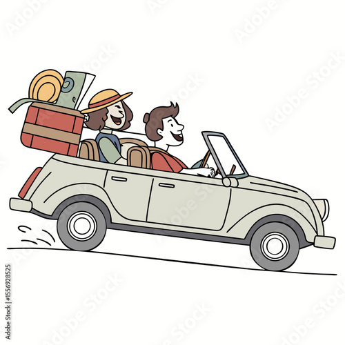 Happy couple driving convertible with luggage road trip