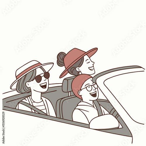 People enjoying a convertible car ride road trip friends
