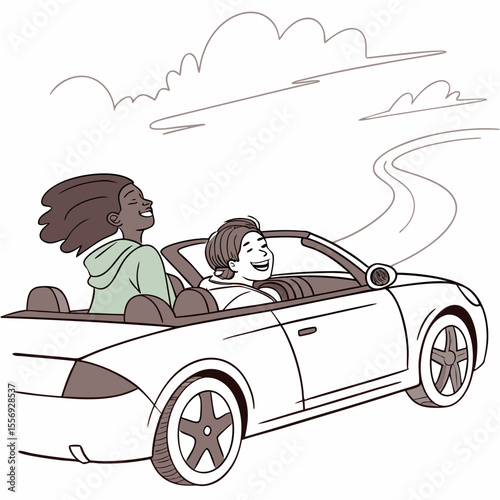 Happy friends enjoying a convertible car ride road trip driving