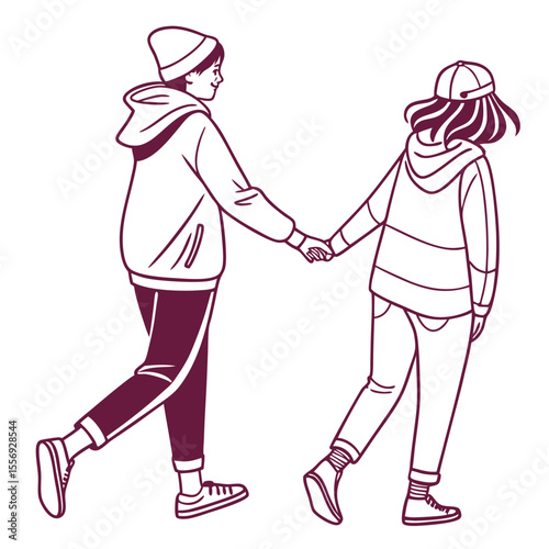 Two friends walking holding hands in casual attire friendship