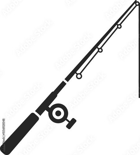 A simple black and white illustration of a fishing rod with a reel.