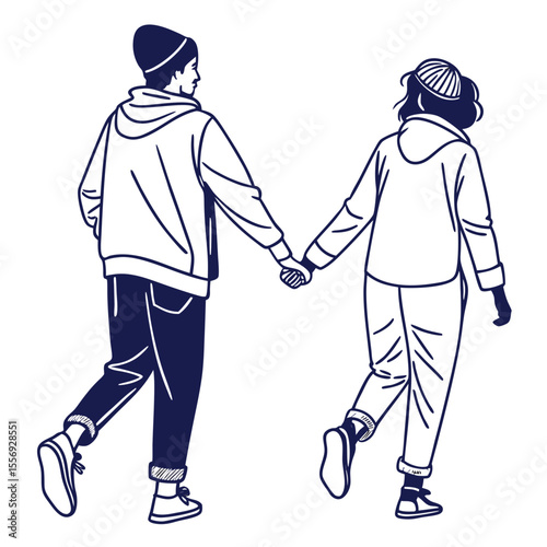 Two friends walking hand in hand wearing winter attire holding hands beanie