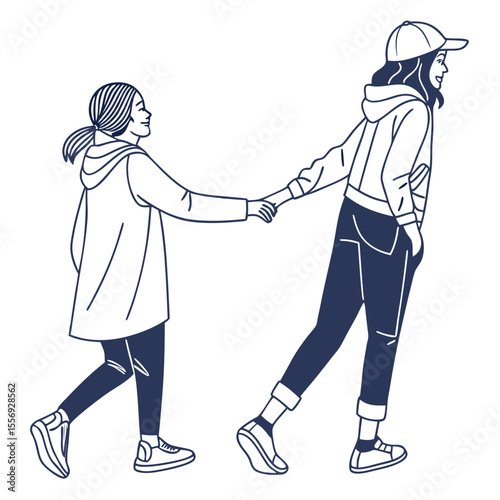 Two friends holding hands walking together outline friendship