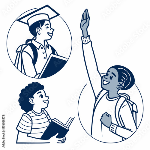 Students raising hands and reading books education