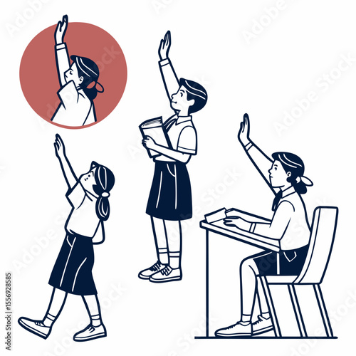 Students raising hands in classroom and standing learning education
