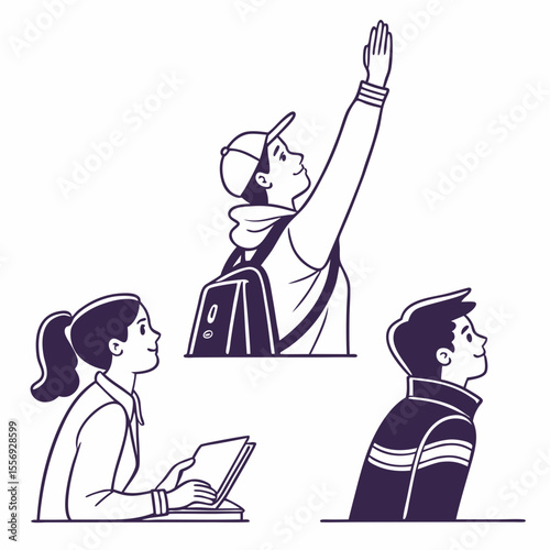 Students raising hands and reading book learning