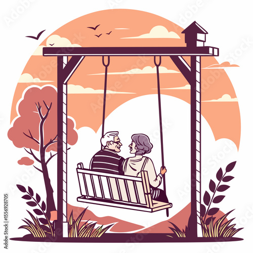 Elderly couple enjoying sunset on porch swing romance nature