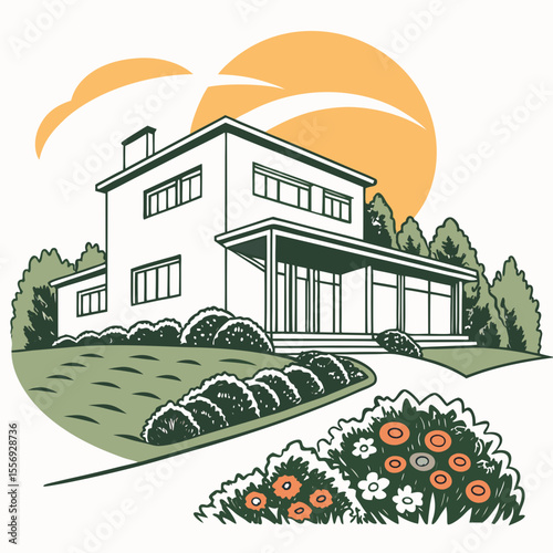 Modern geometric house with sun and garden flora modern house geometric architecture