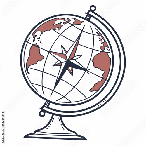 Antique globe with compass rose and continents navigation travel