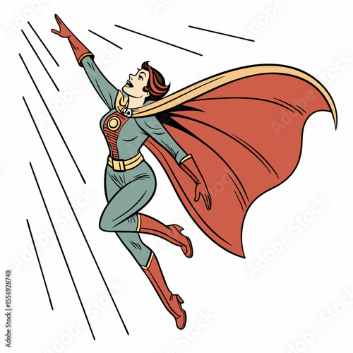 Woman superhero flying upwards with red cape and blue suit comic book